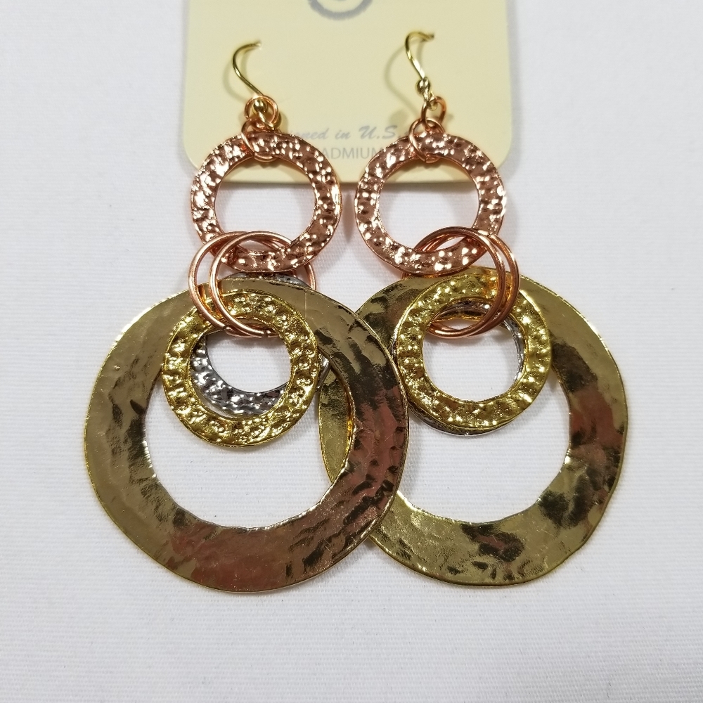 NWT Tri Color Hammered Dangle Earrings 3.5 inch